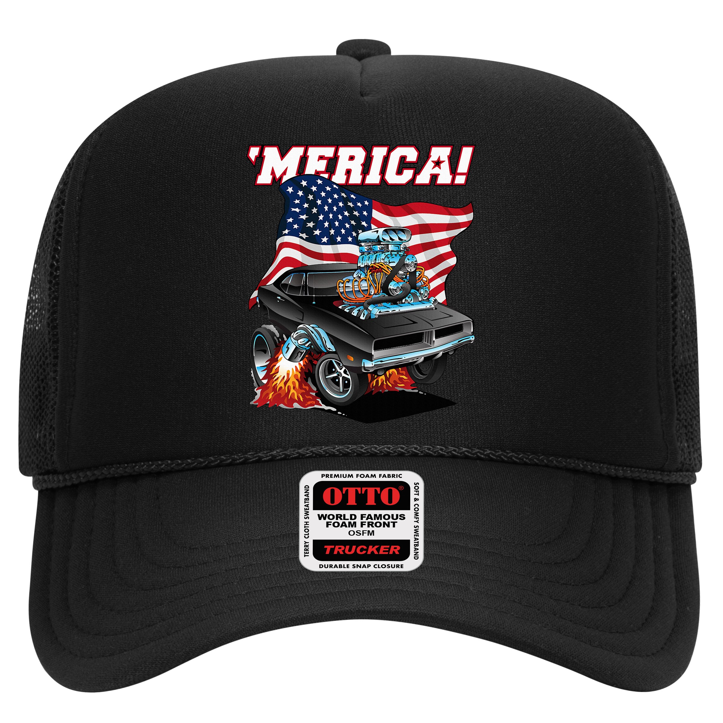 Merica Patriotic Classic Hotrod Muscle Car Usa Flag Cartoon Hat