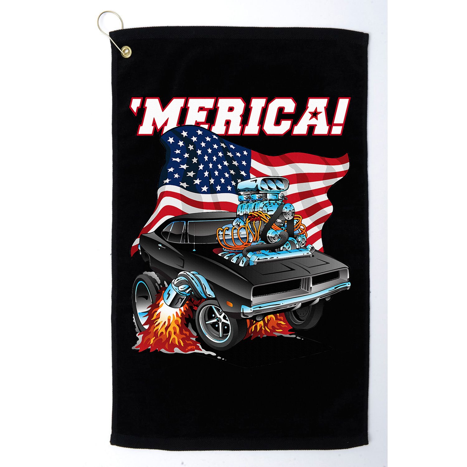 Merica Patriotic Classic Hotrod Muscle Car Usa Flag Cartoon Golf Towel