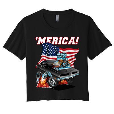 Merica Patriotic Classic Hotrod Muscle Car Usa Flag Cartoon Women's Crop Top Tee