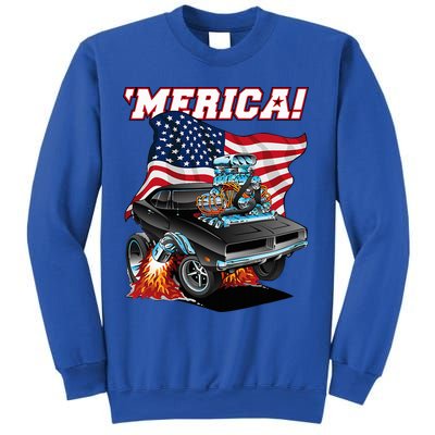 Merica Patriotic Classic Hotrod Muscle Car Usa Flag Cartoon Sweatshirt