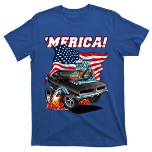 Merica Patriotic Classic Hotrod Muscle Car Usa Flag Cartoon T-Shirt