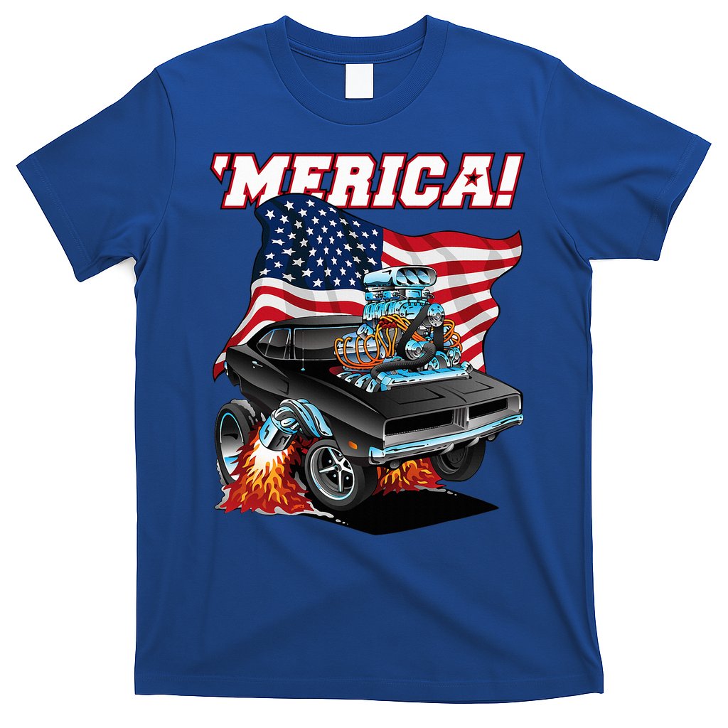 Merica Patriotic Classic Hotrod Muscle Car Usa Flag Cartoon T-Shirt