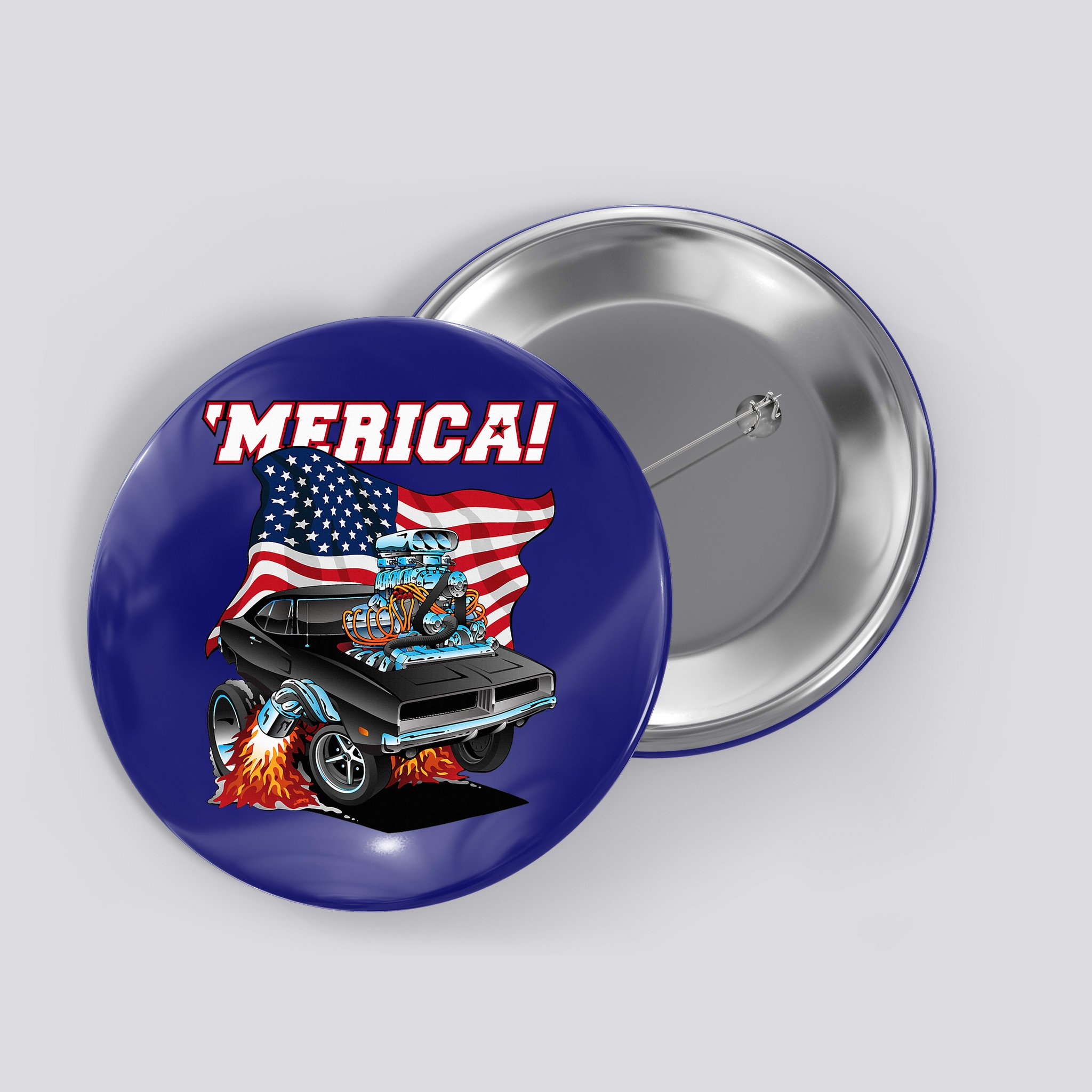 Merica Patriotic Classic Hotrod Muscle Car Usa Flag Cartoon Button