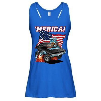Merica Patriotic Classic Hotrod Muscle Car Usa Flag Cartoon Ladies Essential Flowy Tank