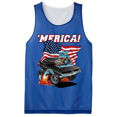 Merica Patriotic Classic Hotrod Muscle Car Usa Flag Cartoon Mesh Reversible Basketball Jersey Tank