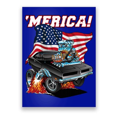 Merica Patriotic Classic Hotrod Muscle Car Usa Flag Cartoon Poster