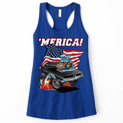 Merica Patriotic Classic Hotrod Muscle Car Usa Flag Cartoon Womens Tank Top
