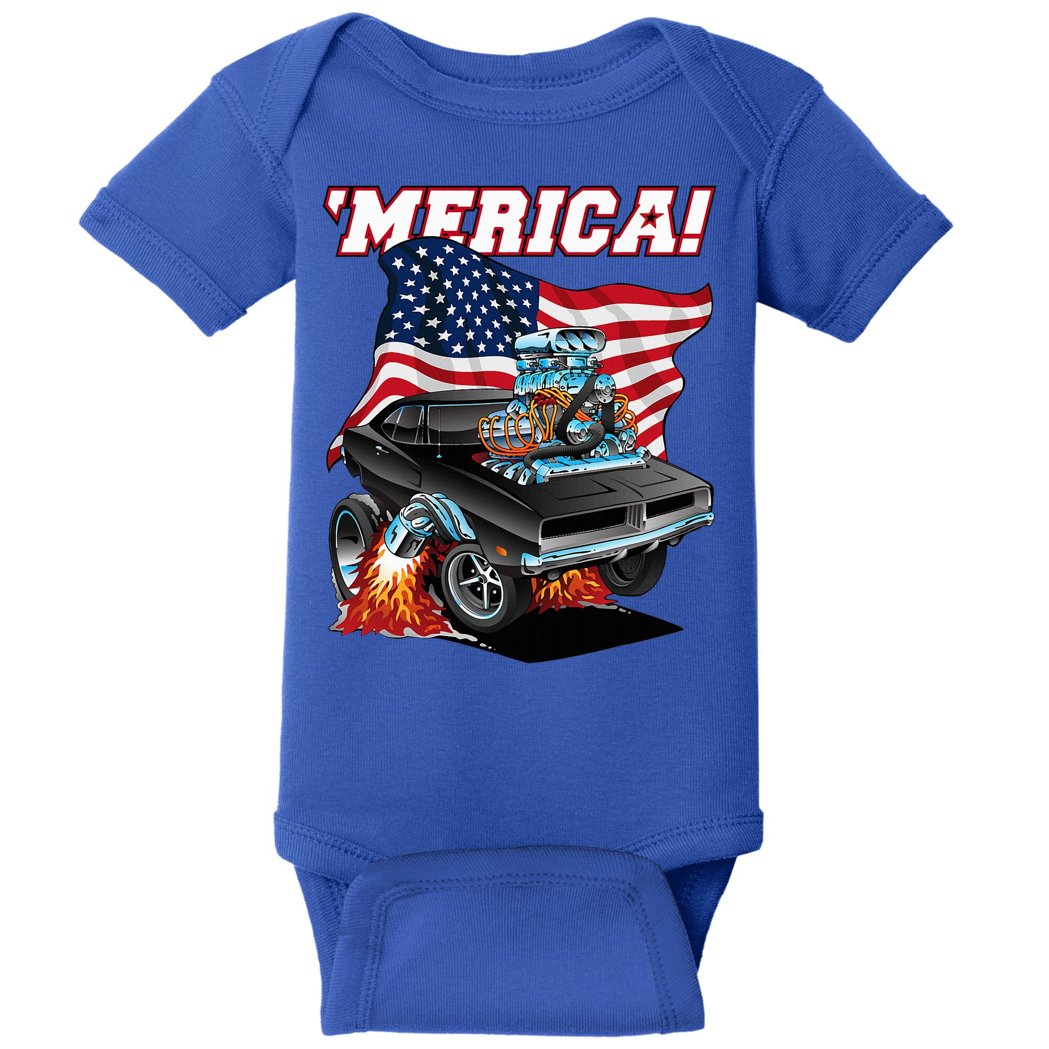 Merica Patriotic Classic Hotrod Muscle Car Usa Flag Cartoon Baby Bodysuit