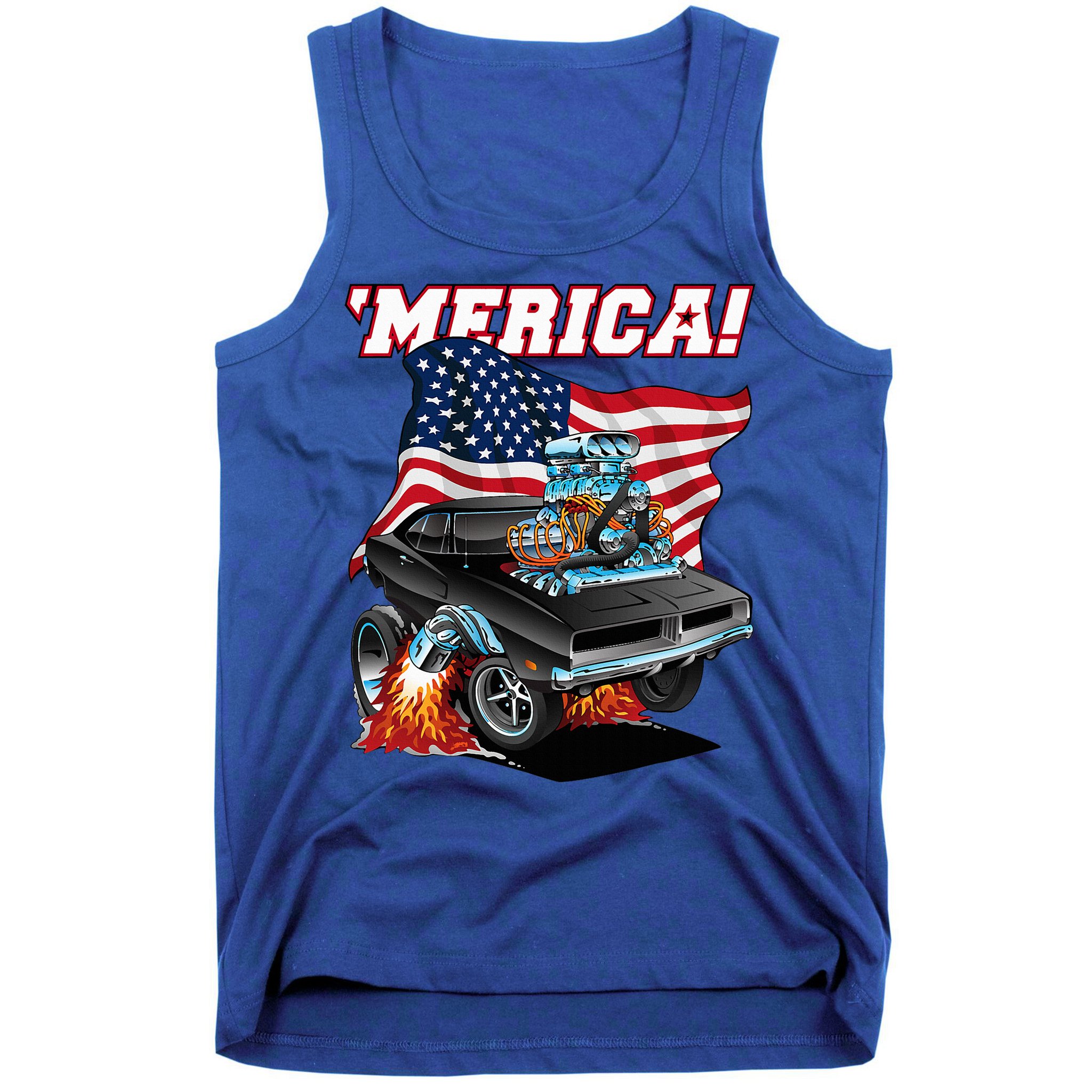 Merica Patriotic Classic Hotrod Muscle Car Usa Flag Cartoon Tank Top