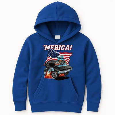 Merica Patriotic Classic Hotrod Muscle Car Usa Flag Cartoon Kids Hoodie