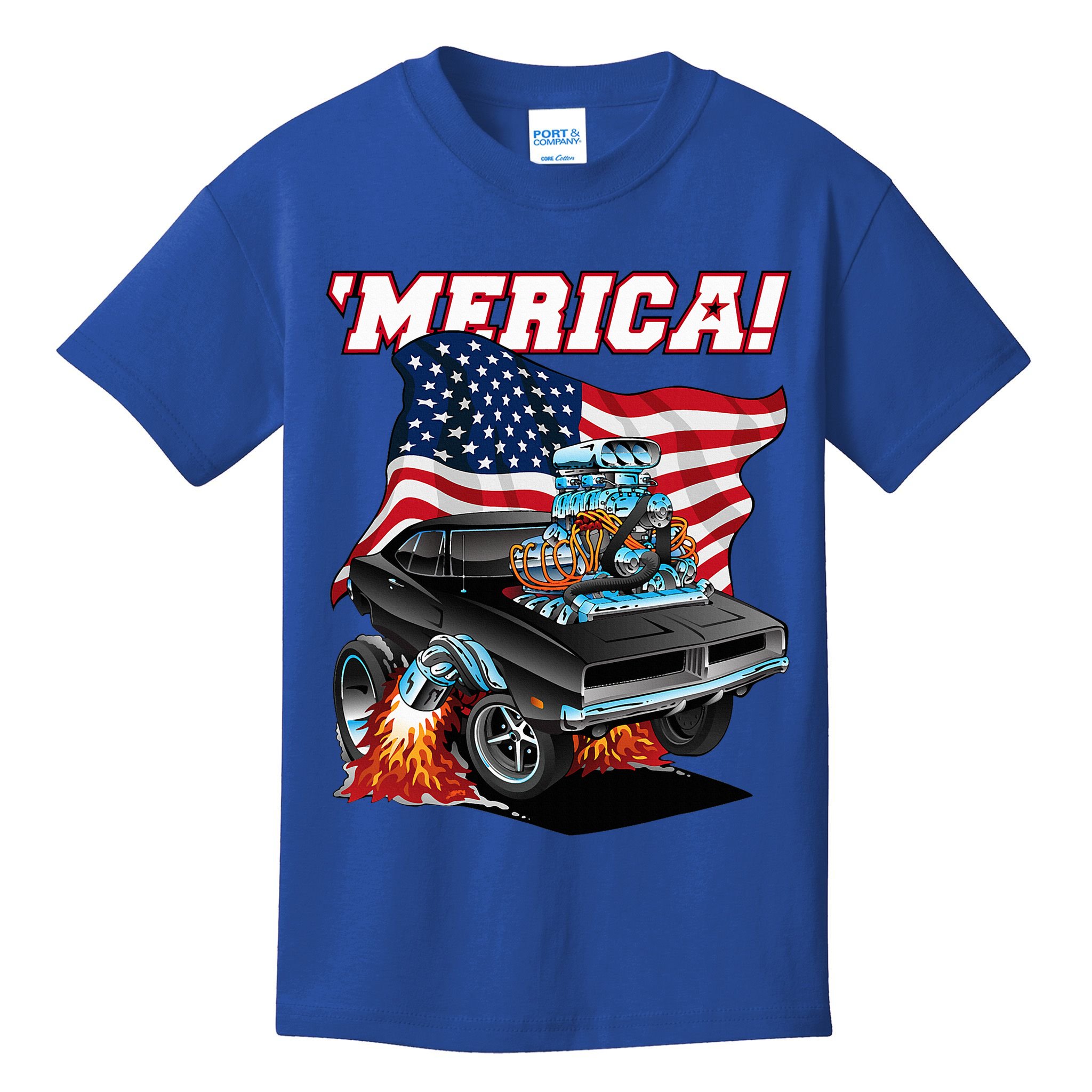 Merica Patriotic Classic Hotrod Muscle Car Usa Flag Cartoon Kids T-Shirt