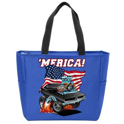 Merica Patriotic Classic Hotrod Muscle Car Usa Flag Cartoon Zip Tote Bag