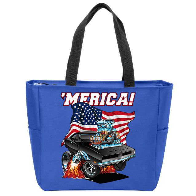 Merica Patriotic Classic Hotrod Muscle Car Usa Flag Cartoon Zip Tote Bag