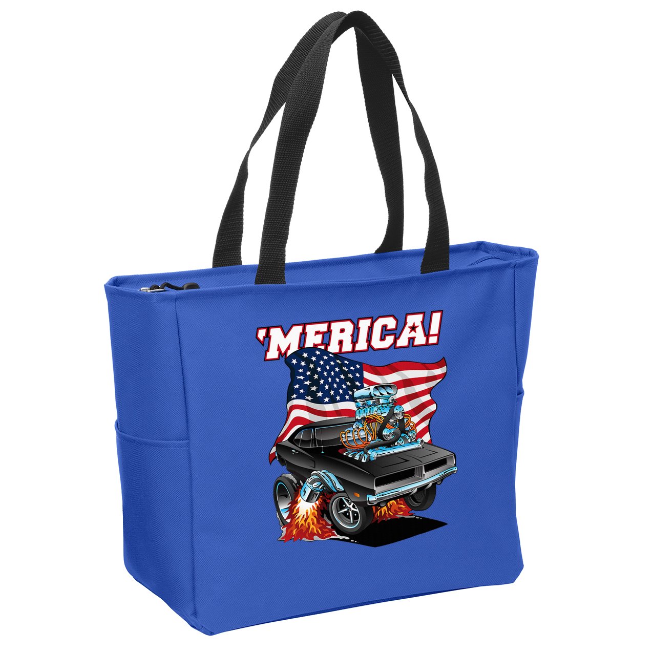 Merica Patriotic Classic Hotrod Muscle Car Usa Flag Cartoon Zip Tote Bag