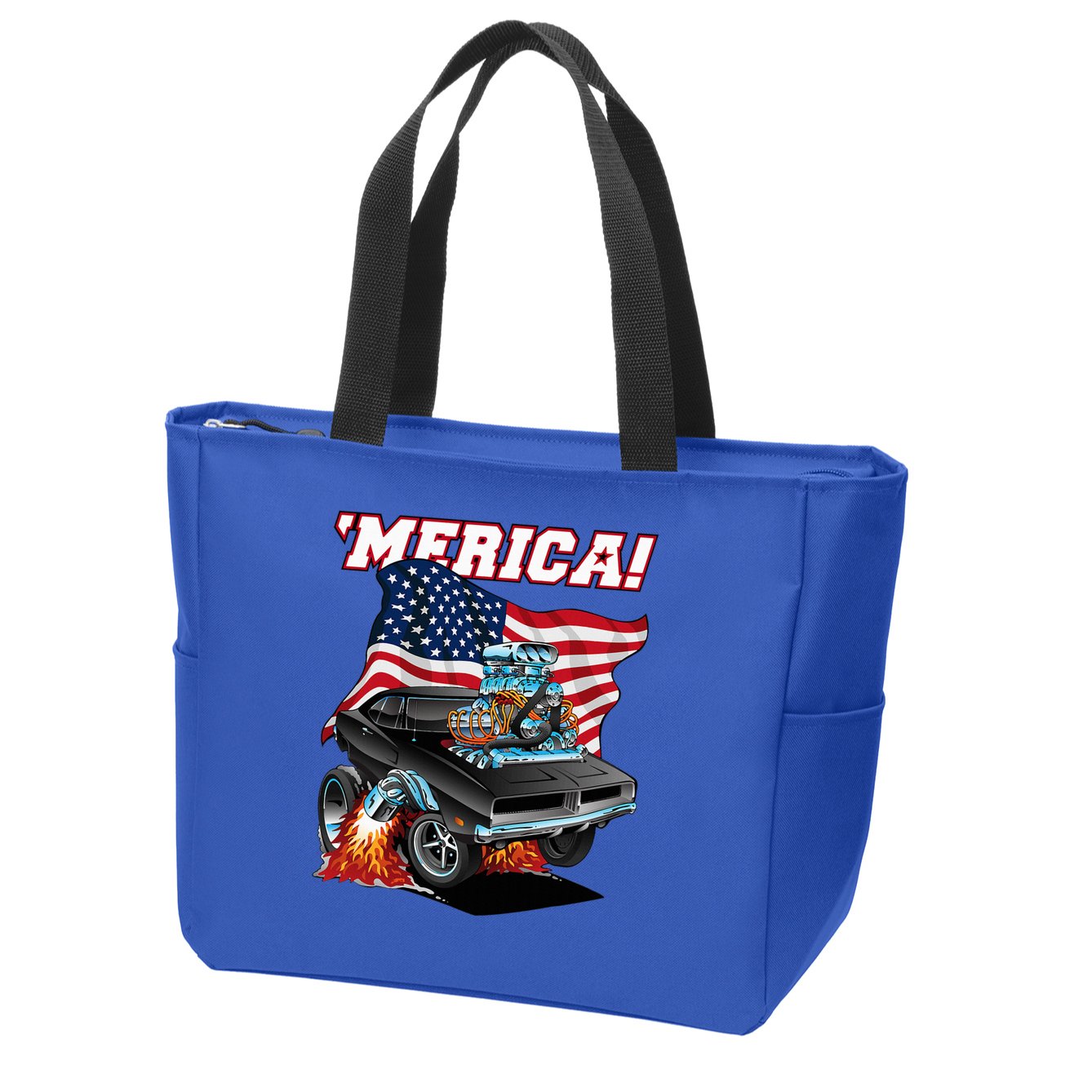 Merica Patriotic Classic Hotrod Muscle Car Usa Flag Cartoon Zip Tote Bag
