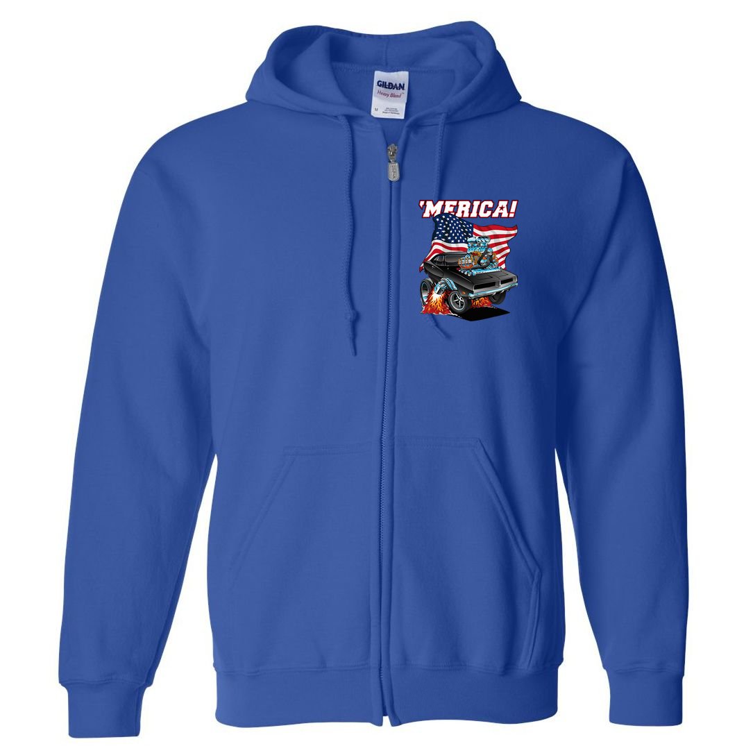 Merica Patriotic Classic Hotrod Muscle Car Usa Flag Cartoon Full Zip Hoodie