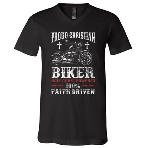 Motorcycle Proud Christian Biker Faith Driven V-Neck T-Shirt