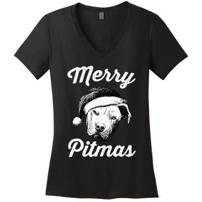 Merry Pitmas Christmas Pitbull Dog Owner Gifts Women's V-Neck T-Shirt