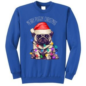 Merry Puggin Christmas Cute Pug In Santa Hat And Xmas Lights Gift Sweatshirt