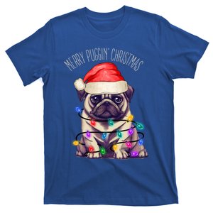 Merry Puggin Christmas Cute Pug In Santa Hat And Xmas Lights Gift T-Shirt