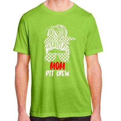 Mom Pit Crew Messy Bun Race Track Flag Car Racing Gift Adult ChromaSoft Performance T-Shirt