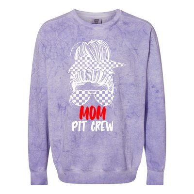 Mom Pit Crew Messy Bun Race Track Flag Car Racing Gift Colorblast Crewneck Sweatshirt