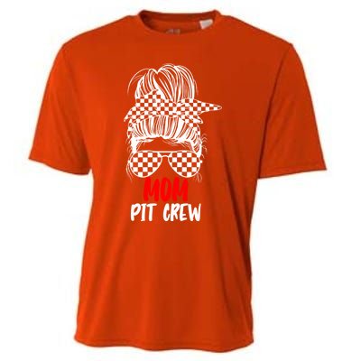 Mom Pit Crew Messy Bun Race Track Flag Car Racing Gift Cooling Performance Crew T-Shirt