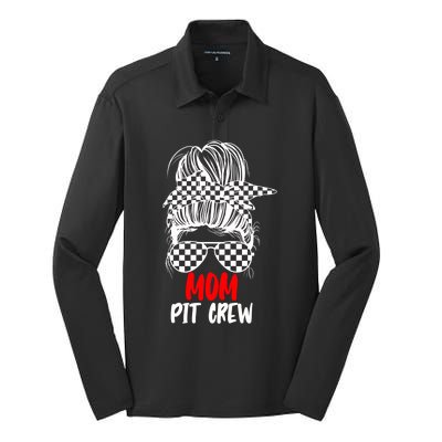 Mom Pit Crew Messy Bun Race Track Flag Car Racing Gift Silk Touch Performance Long Sleeve Polo