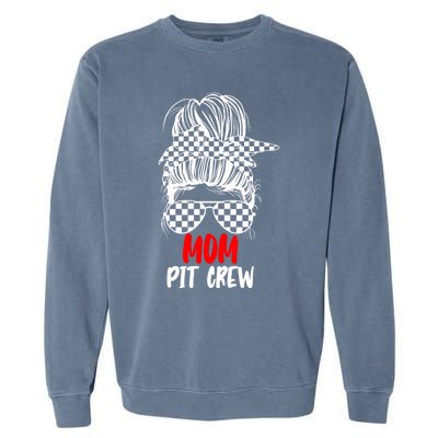 Mom Pit Crew Messy Bun Race Track Flag Car Racing Gift Garment-Dyed Sweatshirt