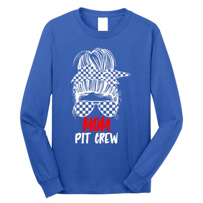 Mom Pit Crew Messy Bun Race Track Flag Car Racing Gift Long Sleeve Shirt