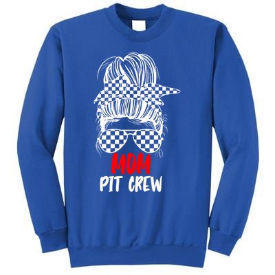 Mom Pit Crew Messy Bun Race Track Flag Car Racing Gift Sweatshirt