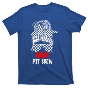 Mom Pit Crew Messy Bun Race Track Flag Car Racing Gift T-Shirt