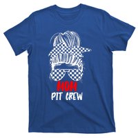 Mom Pit Crew Messy Bun Race Track Flag Car Racing Gift T-Shirt