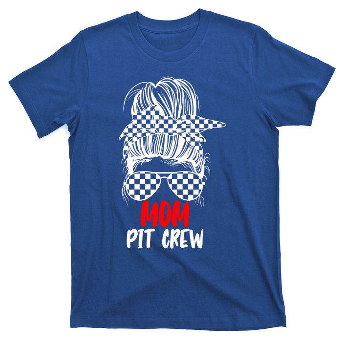 Mom Pit Crew Messy Bun Race Track Flag Car Racing Gift T-Shirt