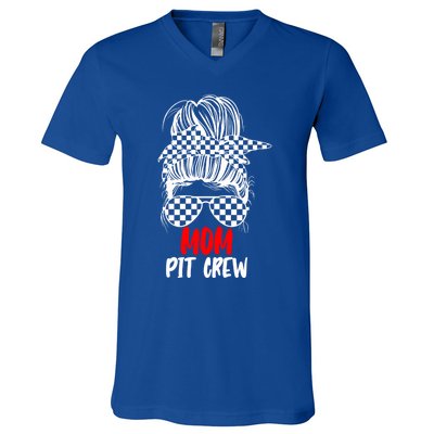 Mom Pit Crew Messy Bun Race Track Flag Car Racing Gift V-Neck T-Shirt