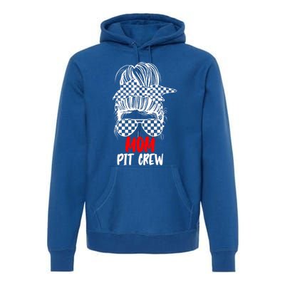 Mom Pit Crew Messy Bun Race Track Flag Car Racing Gift Premium Hoodie