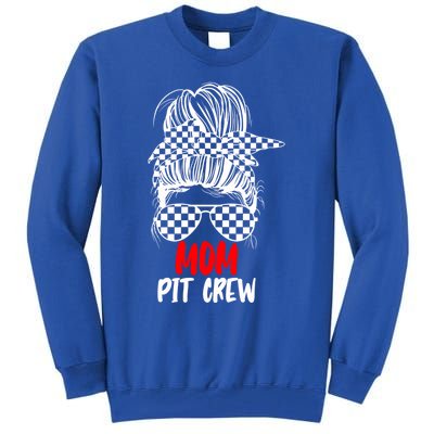 Mom Pit Crew Messy Bun Race Track Flag Car Racing Gift Tall Sweatshirt