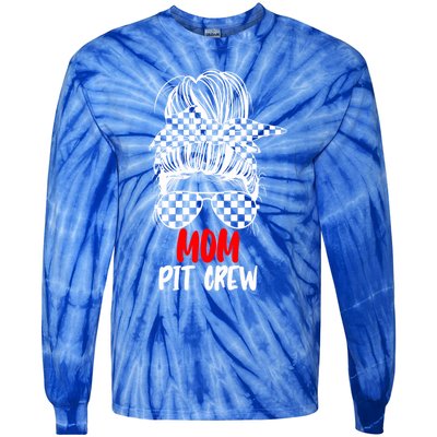 Mom Pit Crew Messy Bun Race Track Flag Car Racing Gift Tie-Dye Long Sleeve Shirt