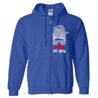 Mom Pit Crew Messy Bun Race Track Flag Car Racing Gift Full Zip Hoodie