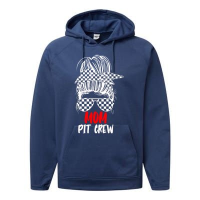 Mom Pit Crew Messy Bun Race Track Flag Car Racing Gift Performance Fleece Hoodie