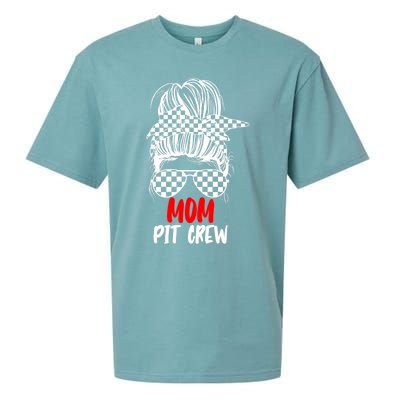 Mom Pit Crew Messy Bun Race Track Flag Car Racing Gift Sueded Cloud Jersey T-Shirt