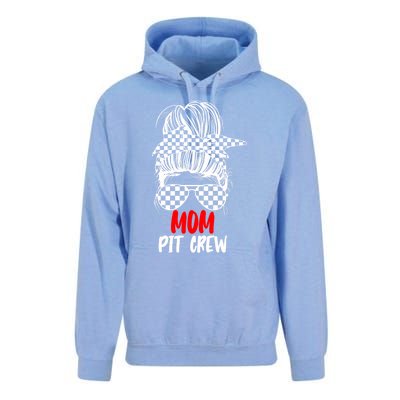 Mom Pit Crew Messy Bun Race Track Flag Car Racing Gift Unisex Surf Hoodie