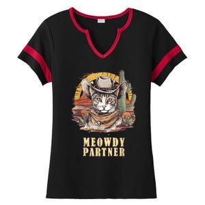 Meowdy Partner Cat Funny Howdy Meme Wild West Cowboy Hat Ladies Halftime Notch Neck Tee