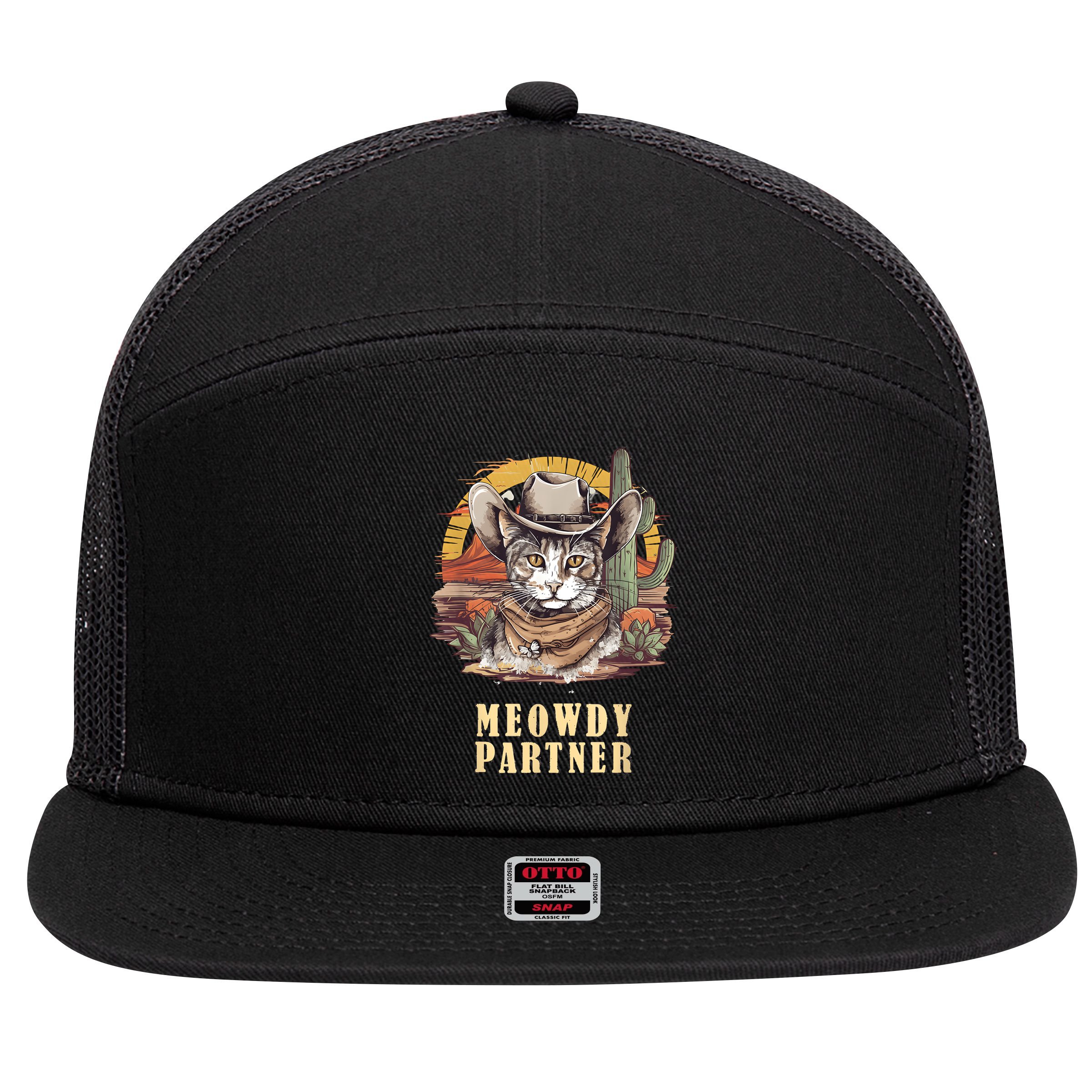 Meowdy Partner Cat Funny Howdy Meme Wild West Cowboy Hat 7 Panel Mesh Trucker Snapback Hat