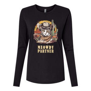 Meowdy Partner Cat Funny Howdy Meme Wild West Cowboy Hat Womens Cotton Relaxed Long Sleeve T-Shirt