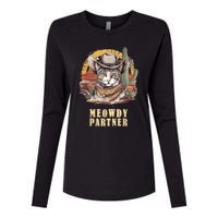 Meowdy Partner Cat Funny Howdy Meme Wild West Cowboy Hat Womens Cotton Relaxed Long Sleeve T-Shirt