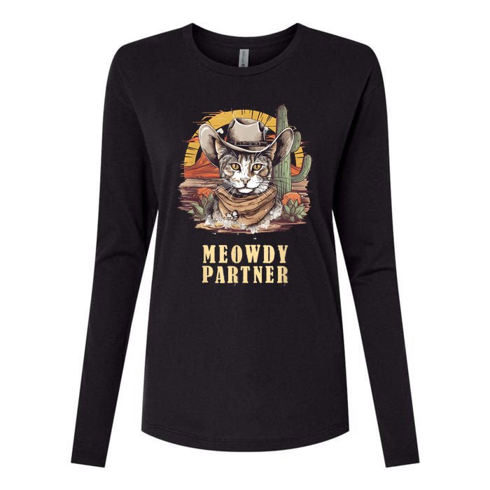 Meowdy Partner Cat Funny Howdy Meme Wild West Cowboy Hat Womens Cotton Relaxed Long Sleeve T-Shirt