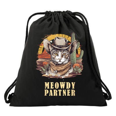 Meowdy Partner Cat Funny Howdy Meme Wild West Cowboy Hat Drawstring Bag