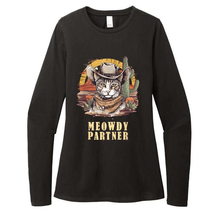 Meowdy Partner Cat Funny Howdy Meme Wild West Cowboy Hat Womens CVC Long Sleeve Shirt