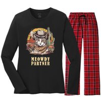 Meowdy Partner Cat Funny Howdy Meme Wild West Cowboy Hat Women's Long Sleeve Flannel Pajama Set 